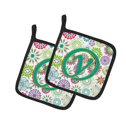 Caroline's Treasures Letter Y Flowers Pink Teal Green Initial Pair of Pot Holders CJ2011-YPTHD, Fabric, Multicolor