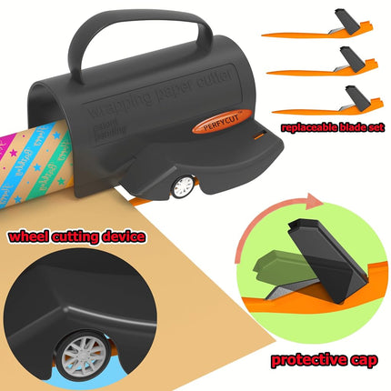 PERFYCUT Wrapping Paper Cutter with 3 Replaceable Blade Sets for Birthday Paper Gift Wrapping Paper Roll Cutter and Christmas Wrapping Paper Cutter Tool Tube Holder Dispenser Slidding Trimmer Slicer.