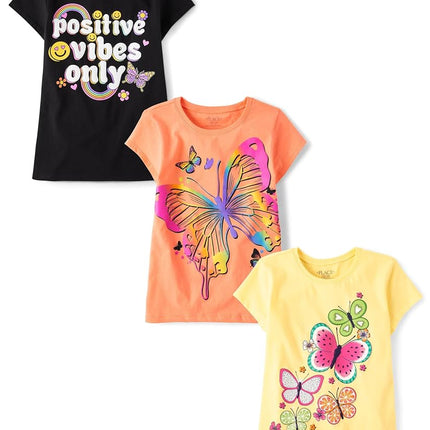 The Children's Place Girls Multi Color Short Sleeve Graphic T Shirt Multipack, Butterfly/Rainbow/Positive Vibes 3-Pack, Medium, Butterfly/Rainbow/Positive Vibes 3-Pack, M