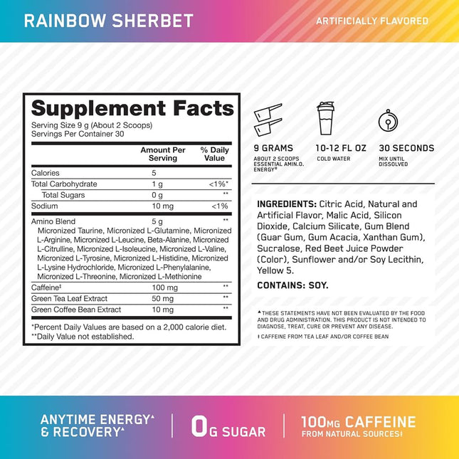 OPTIMUM NUTRITION Amino Energy, Rainbow Sherbert, 30 Servings, 270g