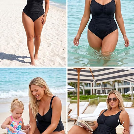 Daci Women Plus Size One Piece Swimsuits - Tummy Control Retro Ruched Bathing Suits Vintage Swimwear, Black, 16 Plus