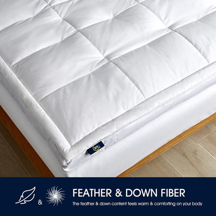 Serta Feather and Down Fiber Pillow Top Mattress Topper Full Size - 233 Thread Count 100% Cotton Mattress Pad Ultra Soft 2-Inch Support Feather Bed-White