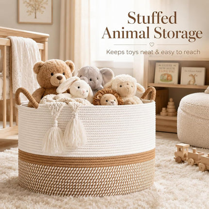KAKAMAY Large Blanket Basket (20"x13"),Woven Baskets for storage Baby Laundry Hamper, Cotton Rope Blanket Basket for Living Room, Laundry, Nursery, Pillows, Baby Toy chest (White/Brown)