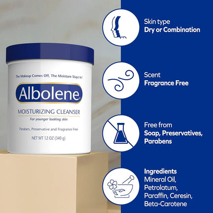 Albolene Face Moisturizer and Makeup Remover, Facial Cleanser and Cleansing Balm, Fragrance Free Cream, 12 oz