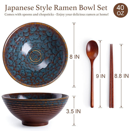 HOKELER Ceramic Japanese Ramen Bowl Set, 2 Sets Asian Pho Udon Soup Noodle Bowls with Spoons and Chopsticks (Peacock Green, 8 inches)