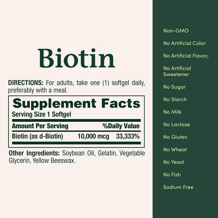 Nature's Bounty Biotin 10,000 Mcg, Supports Healthy Hair, Skin and Nails, Rapid Release Softgels, 3 Pack, (360 Total)