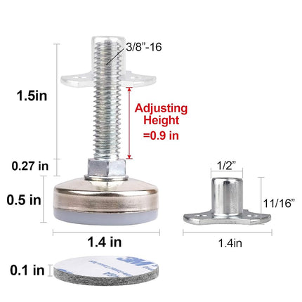 Heavy Duty Furniture Leveling Feet Adjustable Furniture Leg Levelers for Tables Chairs Cabinets Sofa Raiser, Support 1320LBs, T- Nut Kit 3/8”-16 Thread, Large Base,w/ 4 Felt Pads,12 Screws (4 Pack)