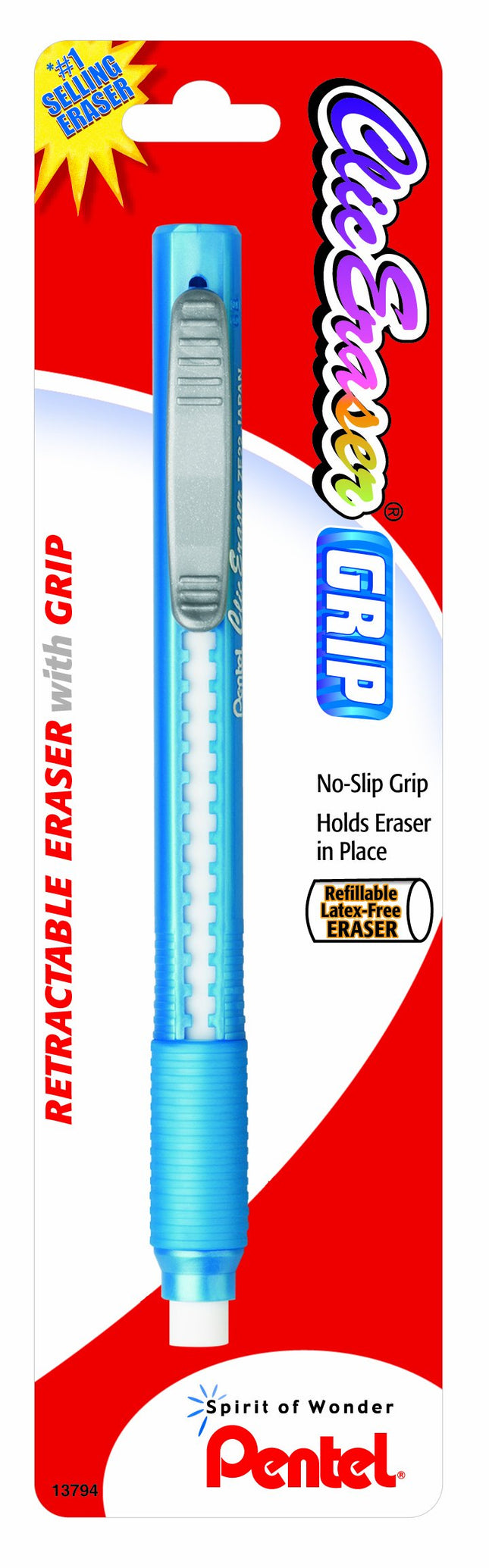 Gomme rétractable Pentel Clic Eraser Grip, corps assortis, 1 paquet (ZE21TBP)
