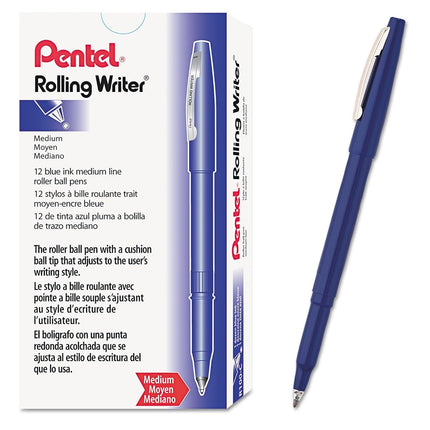 Pentel Rolling Writer Roller Ball Capped Pen, Blue Ink, Medium Point, Dozen, DZ - PENR100C