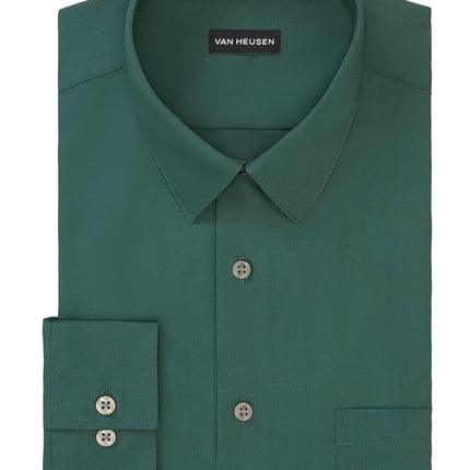 Van Heusen Men's Dress Shirt Regular Fit Poplin Solid, Dark Leaf, 18.5" Neck 32"-33" Sleeve
