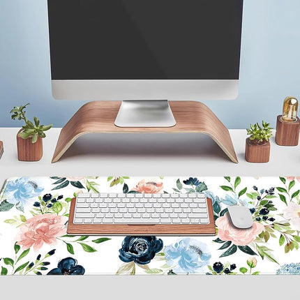 Teng DA Qing Gaming Green Desk Mat Mouse Pads Purple Blue Pink Floral Pad Large, XL Big Computer Keyboard with Stitched Edge for Women Home Office Decor Deskmat, 31.5x11.8x0.12 in (XCD-77)