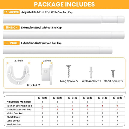 2 Pack Closet Rods for Hanging Clothes, 17-99 Inch No-Cut Stepless Adjustable Closet Rod, 1.3 Inch Heavy Duty Metal Closet Hanging Rod with Brackets, White Closet Bar for Closet, Laundry Room, RV
