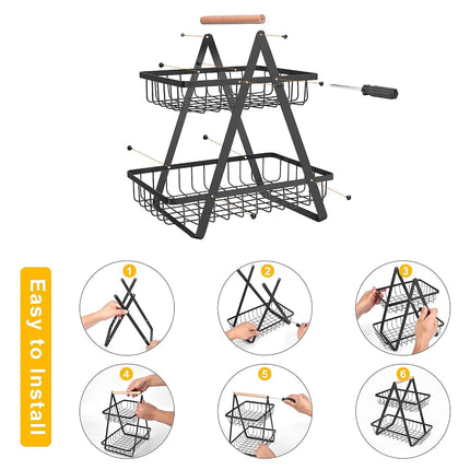 mahueeol 2 Tier Countertop Fruit Basket,Portable Fruit Bowle Basker for Kitchen Organizer Storage & Dining Room Fruits Vegetable BreadSnacks, Detachable Metal Rectangle Basket Storage