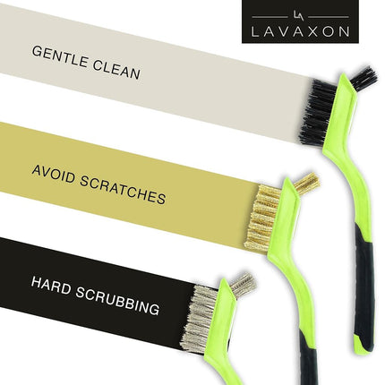 Lavaxon Wire Brush Set 3Pcs - Nylon/Brass/Stainless Steel Bristles with Curved Handle Grip for Rust, Dirt & Paint Scrubbing with Deep Cleaning – 7 Inches (Green)