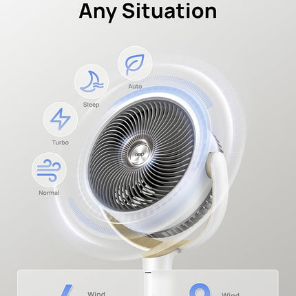 DREO Fan for Bedroom, 120° Oscillating Standing Fan, Quiet Floor Fan with DC Motor, 80ft Pedestal Fan for Room, 8 Speeds, 3 modes, 23dB, 120° Manual Vertical, 35-40" Adjustable Height, 8H Timer, White