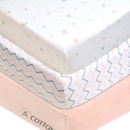 American Baby Company 3 Pack Printed 100% Natural Cotton Jersey Knit Fitted Pack N Play Playard Sheet, Pink Star/Zigzag, Soft Breathable, for Girls