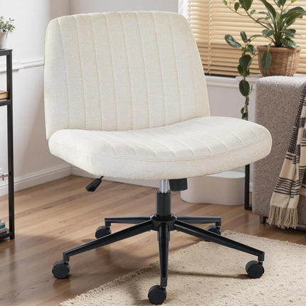 Chaise de bureau à roulettes DUMOS Criss Cross, chaises de bureau/coiffeuse larges à pieds croisés, chaises pivotantes réglables sans accoudoirs en tissu pour ordinateur/travail à domicile, beige