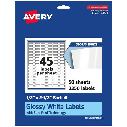 Avery Glossy White Barbell Labels with Sure Feed, 0.5" x 2.5", 2,250 Glossy White Labels, Permanent Label Adhesive, Laser/Inkjet Printable Labels