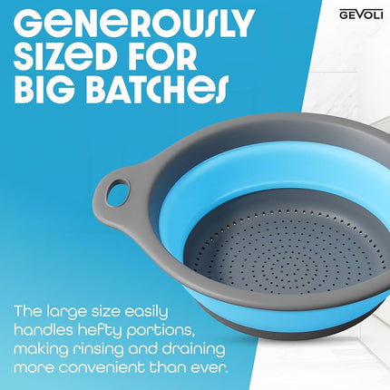 Gevoli Collapsible Colander Food Strainer with Over-Sink Self Draining Base for Pasta Fruits and Vegetables, Round Foldable Draining Basket Grey/Blue