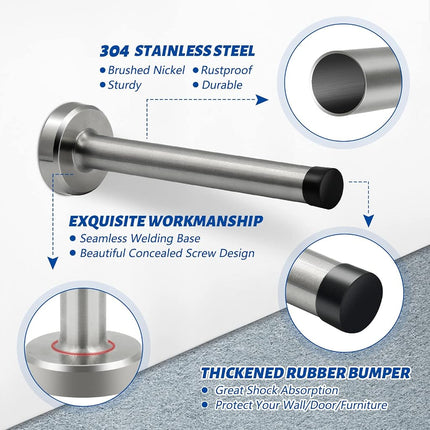 Door Stops, 4 Inch Long Door Stopper Wall Mounted, Stainless Steel, Brushed Nickel Doorstops Baby Proof Door Stops Bumper Tips Door Holder Wall Protector, 4 Pack