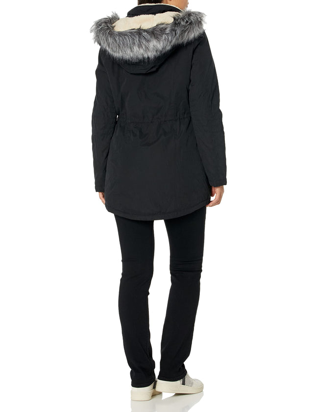 Nautica Women's Microfiber Parka Anorak Jacket With Faux Fur Hooded Trim, Black, S