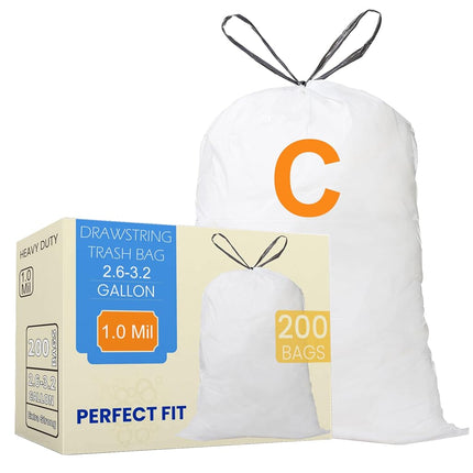 Repaironics Code C 200 Count 2.6-3.2 Gallon Heavy Duty Drawstring Trash Bags Compatible with simplehuman Code C Garbage Can Liners 2.6-3.2 Gallon 10-12 Liter White