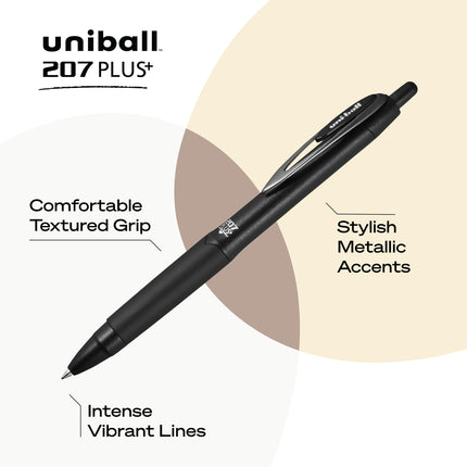 Uniball 207+ Black Retractable Gel Pens 2 Pack with Medium 0.7mm Points, Fraud Proof Office Pens for Business, School, and Bible Use