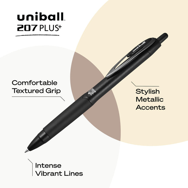 Uniball 207+ Black Retractable Gel Pens 2 Pack with Medium 0.7mm Points, Fraud Proof Office Pens for Business, School, and Bible Use