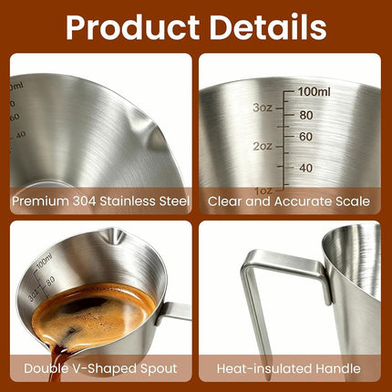 carrottimes 3Pcs Stainless Steel Espresso Cups, Double Spout Metal Espresso Measuring Cup with Handle, Dual Scale Espresso Pouring Cup with V-Shaped Mouth, 3.4oz/100ml (Silver)