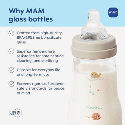 MAM Premium Glass Baby Bottles, Easy Switch Between Breast and Bottle, Feel Good Medium Flow, Newborn Essentials Must Have, 2+ Months, BPA Free, 9oz, Girl, 3 Pack