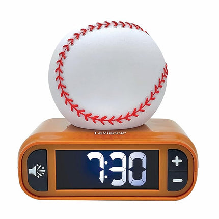 LEXiBOOK Baseball Nightlight Alarm Clock, Sounds and Melodies, LCD Backlit Screen, Luminous, Snooze, Brown/White