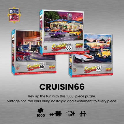 MasterPieces - 1000 Piece Jigsaw Puzzle, Route 66 Main Street Muscle, Fun for Adults, Family, Kids, 19.25" x 26.75"