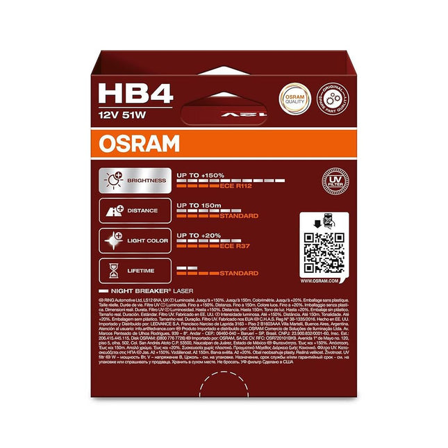OSRAM Night Breaker Laser HB4, 150% More Brightness, Halogen Headlight Bulb, 9006NL-2HB, 12 V Car, Hanging Box (2 Lamps), White