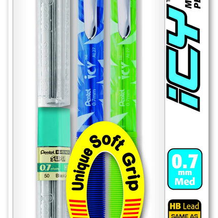 Lápiz automático Pentel Icy con mina, 0,7 mm, barriles surtidos, paquete de 2 (AL27TLBP2)