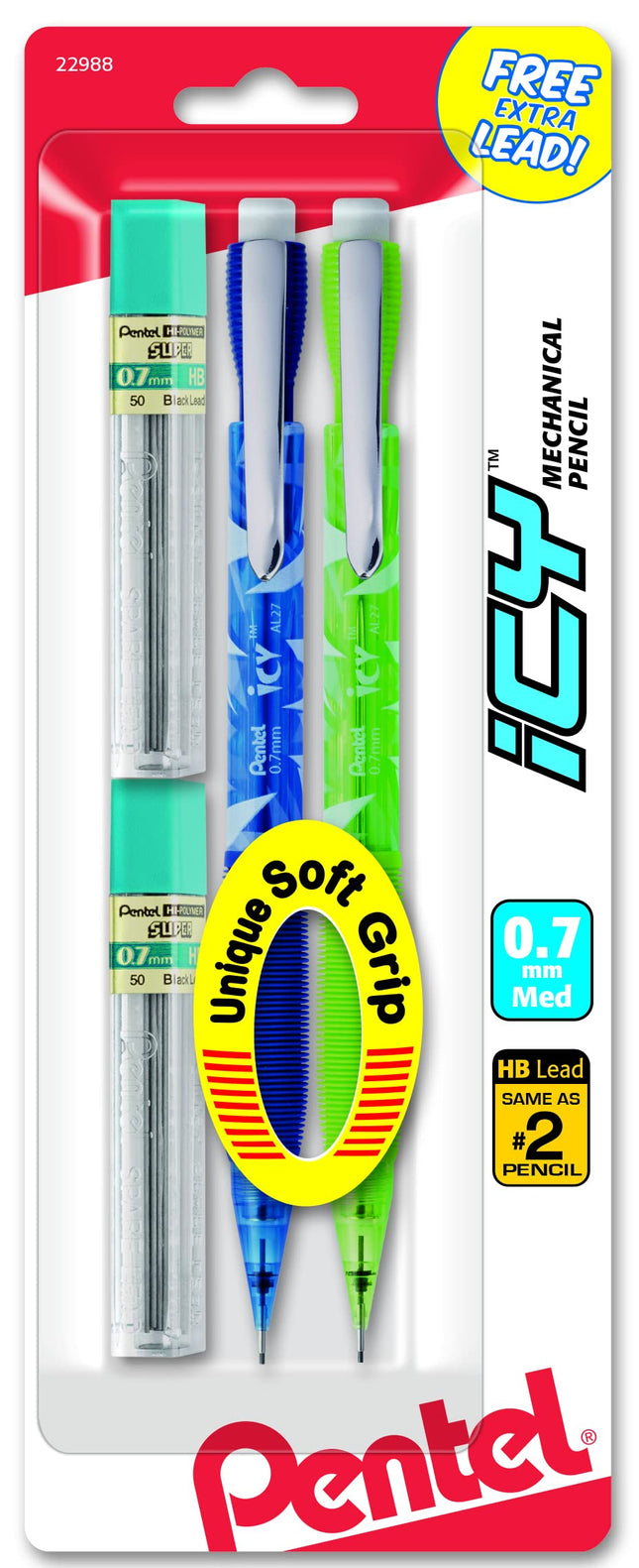 Lápiz automático Pentel Icy con mina, 0,7 mm, barriles surtidos, paquete de 2 (AL27TLBP2)