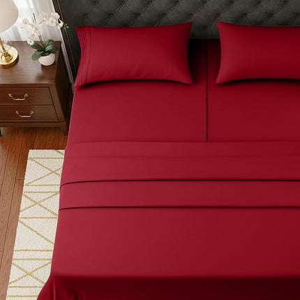 Elegant Comfort Luxurious 1500 Premium Hotel Quality Microfiber Three Line Embroidered Softest 5-Piece Bed Sheet Set, Wrinkle and Fade Resistant, Split King, Burgundy
