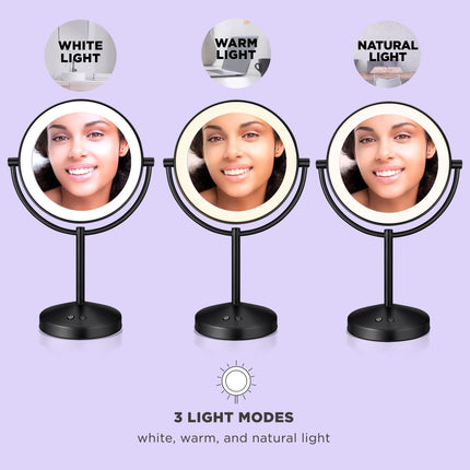 Espejo de Maquillaje Iluminado Conair, Espejo de Tocador LED de Doble Cara con Aumento 1X/10X, 3 Ajustes de Luz, 3 Modos, Rotación de 360°, Acabado Negro Mate