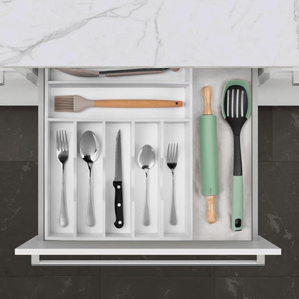 oridom Kitchen Bamboo Silverware Organizer, Kitchen Drawer Organizer - Utensil Holder and Cutlery Tray with Grooved Drawer Dividers for Flatware 7 Slot, White