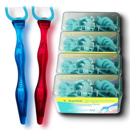 Fil dentaire T.Smile 3e génération 1 manche + 100 têtes de fil dentaire extra-fortes, nettoyage évolutif (Lot de 2)