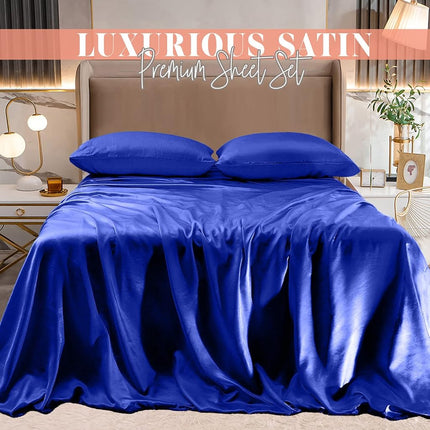 Elegant Comfort Luxurious 4-Piece Silky Satin Sheet Set, Skin and Hair Friendly, Wrinkle, Fade, Stain Resistant with Deep Pockets Fitted Sheet, Cooling Soft Satin Sheet Set, Twin, Royal Blue