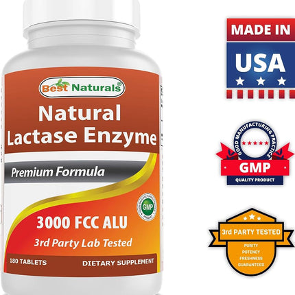 Best Naturals, Fast Acting Lactase Enzyme, 3000 FCC ALU, 180 Tablets (180 Count (Pack of 3))