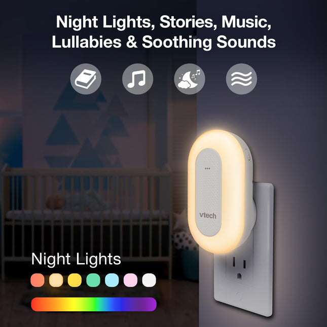 VTech BC8113 V-Hush Enchufe Arrullador para el Entrenamiento del Sueño con 40 Cuentos/Canciones/Sonidos y Grabación de tu Propia Voz. Altavoz Bluetooth, Luz Nocturna Multicolor de más de 250 colores, No Requiere Pilas ni Cables