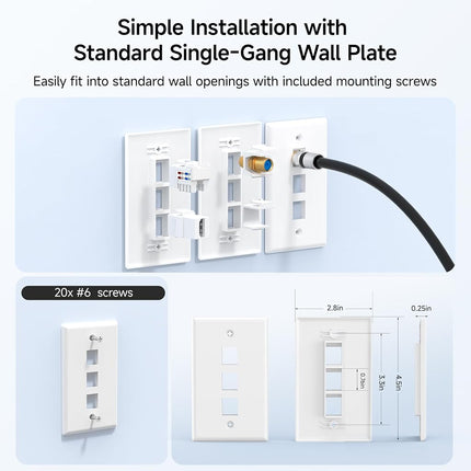 Cable Matters (10-Pack) Low Profile 3-Port Cat5e / Cat6 Keystone Jack Wall Plate in White