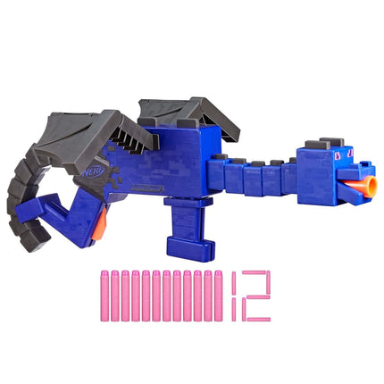 NERF Minecraft Ender Dragon Blaster, Clip interne de 4 fléchettes, 12 fléchettes en mousse Elite, Design inspiré du mob Minecraft du jeu