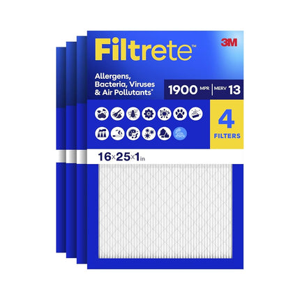 Filtrete 16x25x1 Air Filter, MPR 1900, MERV 13, Healthy Living Ultimate Allergen 3-Month Pleated 1-Inch Air Filters, 4 Filters