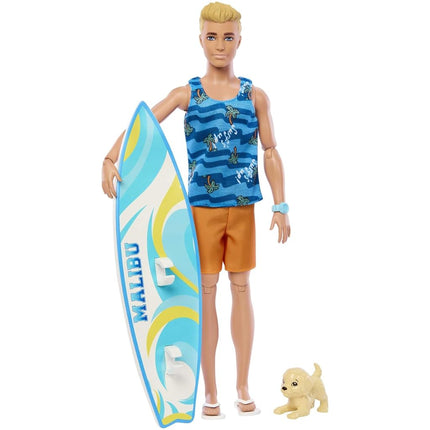 Ken Doll with Surfboard and Pet Puppy, Poseable Blonde Barbie Ken Beach Doll with Themed Accessories like Towel, HPT50