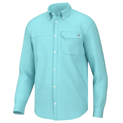 HUK Men's Standard Tide Point Solid Long Sleeve Shirt, Button, Island Paradise, Medium
