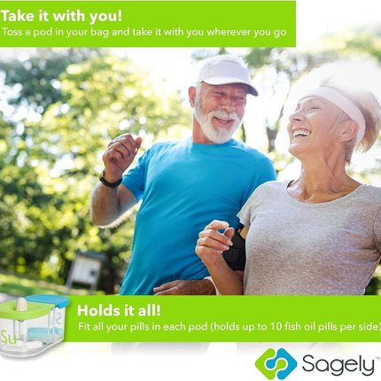 Sagely Smart Xl Weekly Pill Organizer - Sleek Am/Pm Twice A Day Pill Box With Free Smartphone Reminder App And 7 Day Travel Containers (Large Enough To Fit Fish Oil And Vitamin D) (Blue/Green)