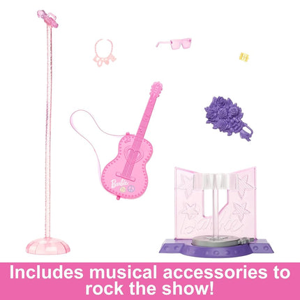 Barbie 65th Anniversary Doll & 10 Accessories, Pop Star Set with Brunette Singer Doll, Stage with Moving Feature & More, HRG43