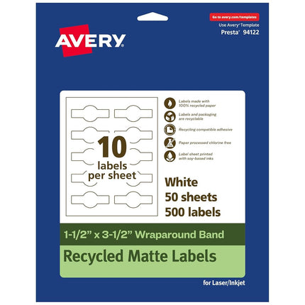 Avery EcoFriendly Recycled Wraparound Band Labels, 1.5" x 3.5", Cigar Band Labels, Matte White, Permanent Adhesive, Print-to-The-Edge, Laser/Inkjet Printable, 500 Total